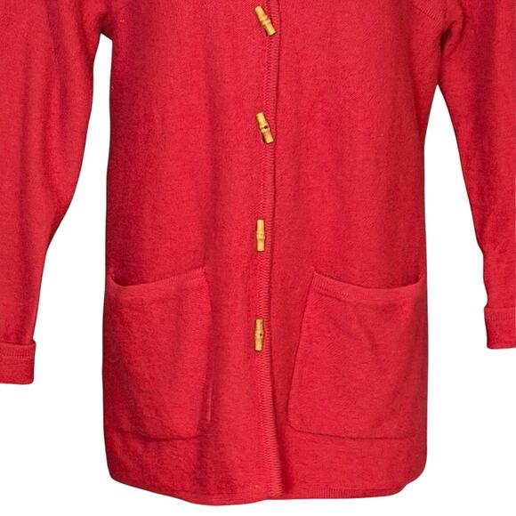 Vintage Karen Scott Pure Wool Hooded Cardigan Size L Red Toggle Sweater Coat 80s - Picture 6 of 9